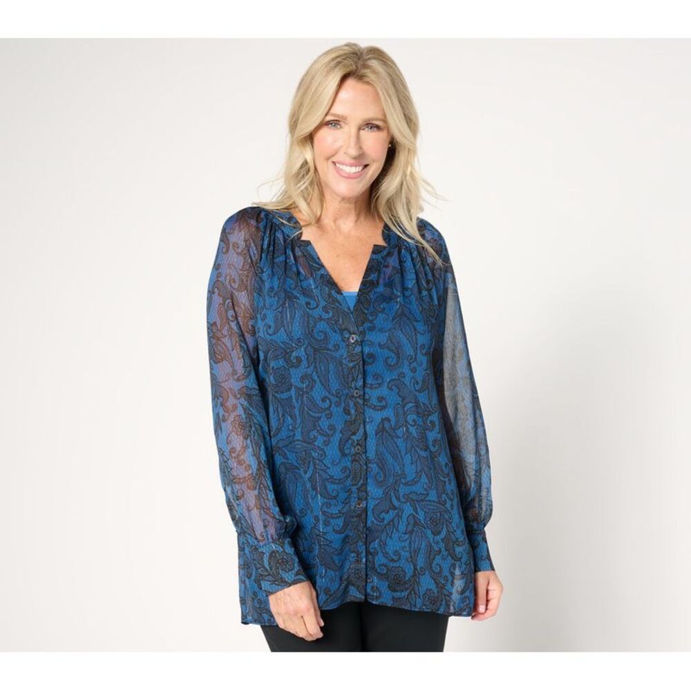 Tribal Women's Top Sz XS Printed Woven Blouse With Lurex & Knit Cami Blue